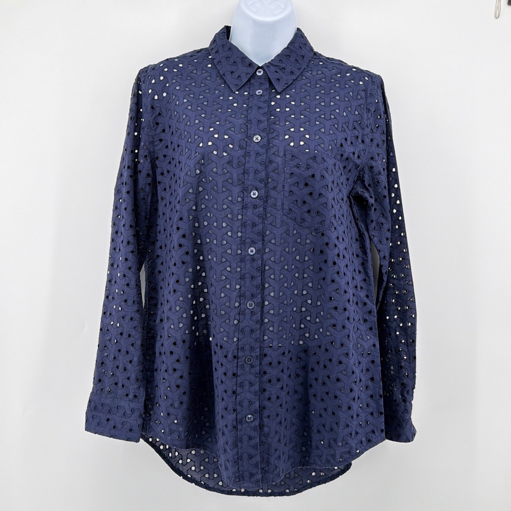 Equipment Femme Navy Blue 100% Cotton Eyelet Geometric Button Down Shirt S Small